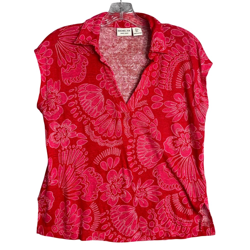 Rachel Zoe 100% Linen Top Womens S Red Pink Floral Beachy Tropical Summer Preppy